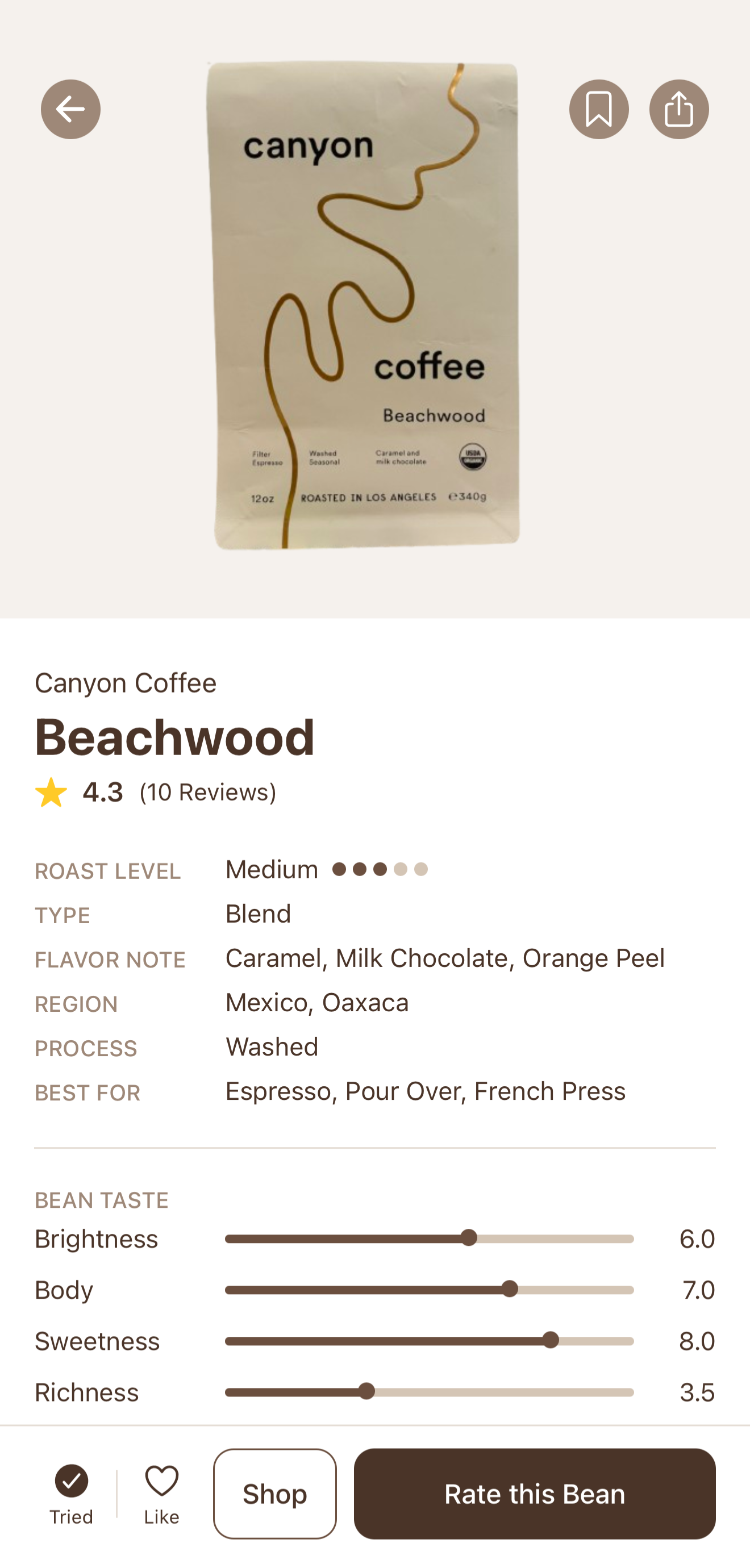 Bean detail page with taste profile